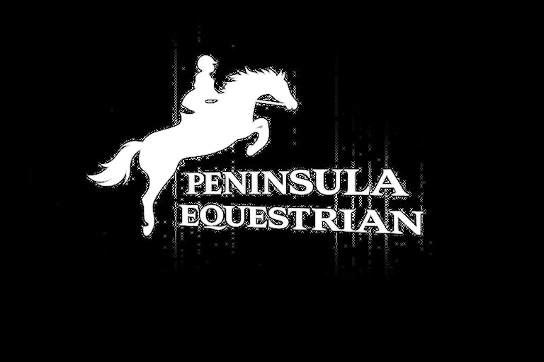 Peninsula Equestrian logo featuring a white silhouette of a jumping horse with text on black background