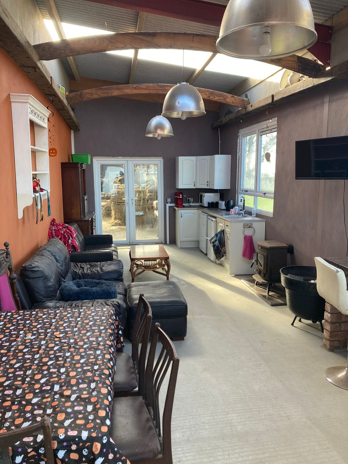 Open-plan studio apartment with living area, kitchenette, and sleeping space featuring industrial pendant lights and glass doors leading outside