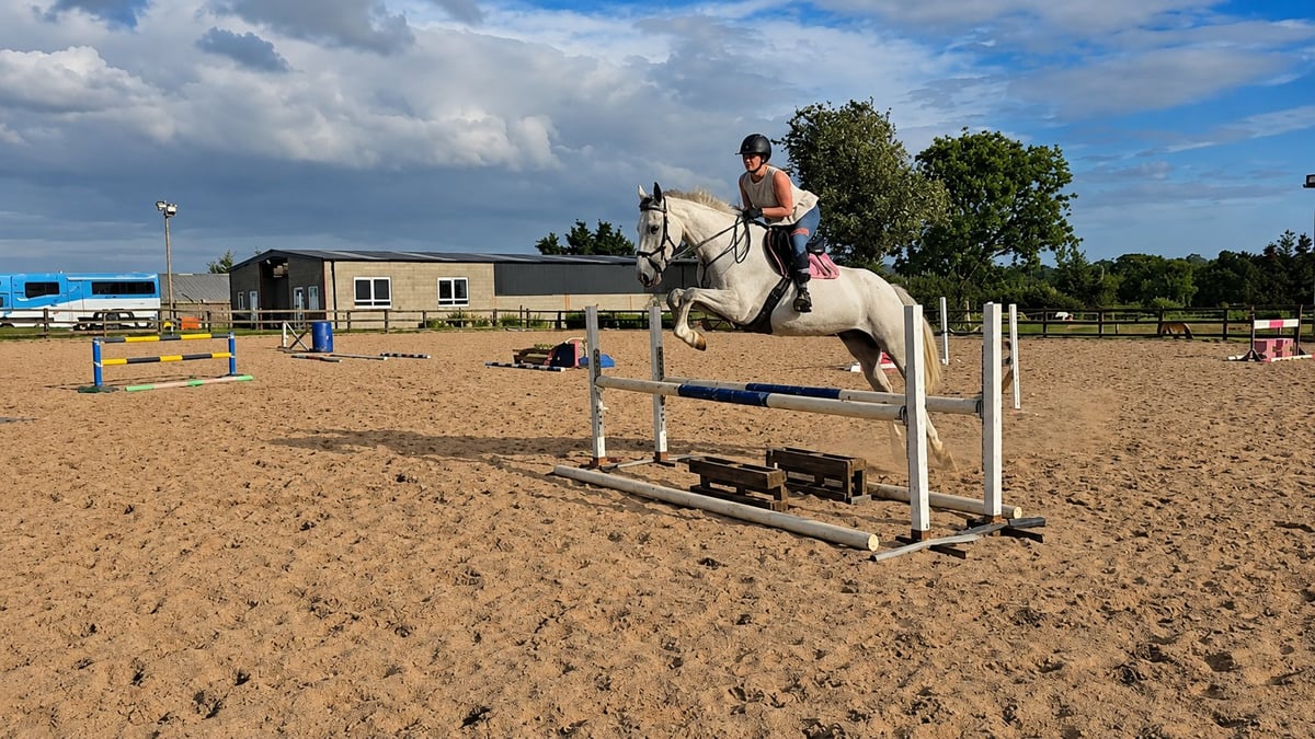 Rider on light-colored horse jumping over white fence obstacle in equestrian arena with farm buildings in background