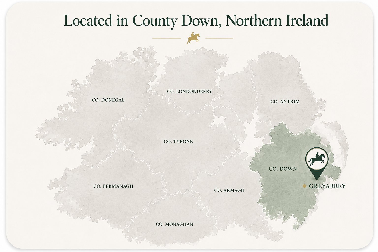 Map of Northern Ireland showing County Down highlighted in green with Greyabbey marked, surrounded by other counties